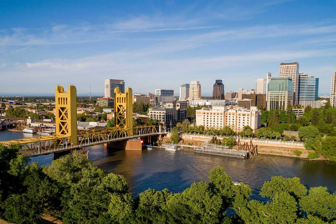 A photo of the Sacramento Golden Bridge at night.